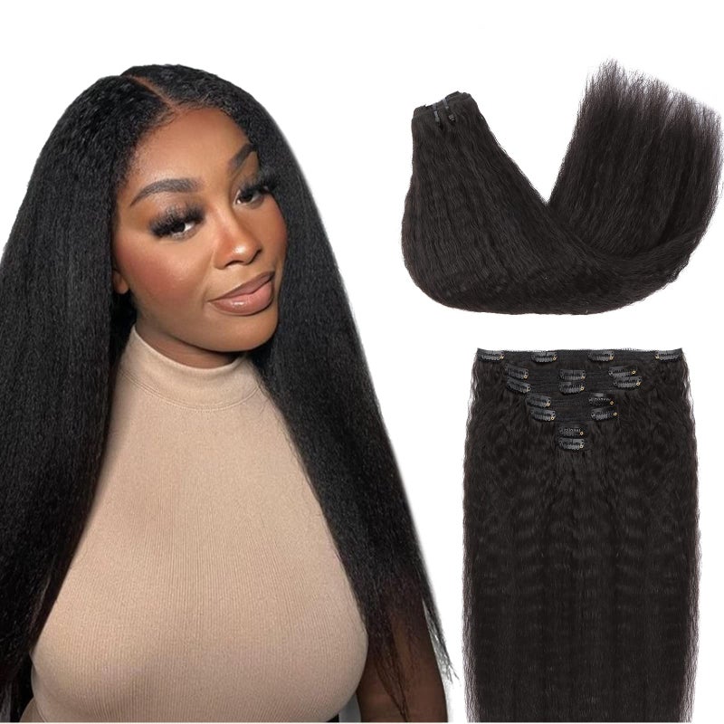 Lashey Kinky Straight Clip in Hair Extensions for Black Women 18 Inch 7pcs 120g 1B Natural Black Clip in Hair Extensions Real Human Hair Lace Clip Ins Thick Human Hair